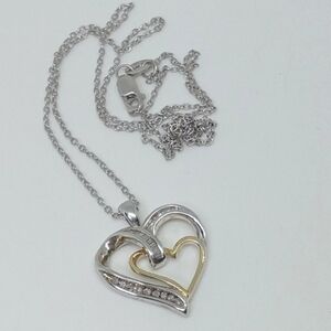 * 925 SUN double hearts two tone sterling silver necklace 18"